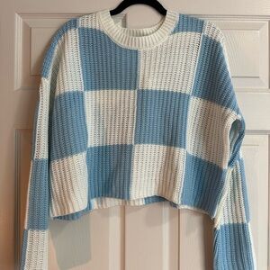 Blue and White Checkered Crew Neck Sweater